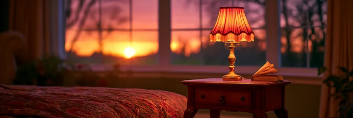 A lamp sits on a wooden table next to a bed as the sun sets outside the window, filling the room with warm colors.