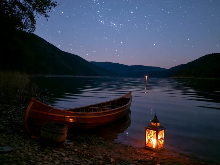 A lantern glows by a calm water's edge, while a wooden boat rests nearby.