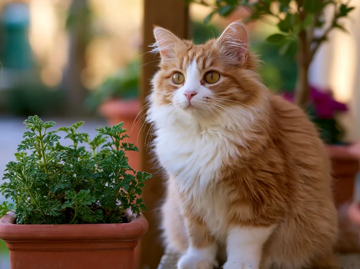 A LaPerm cat sits close to potted plants in a garden.