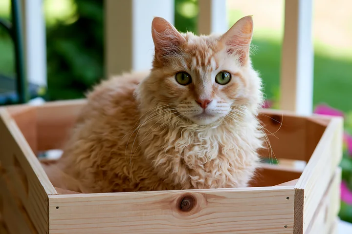 A LaPerm cat sits in a wooden box on a porch surrounded by greenery and flowers.