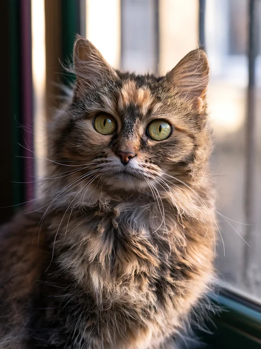 A LaPerm cat sits near a window, showcasing its unique fur and character.