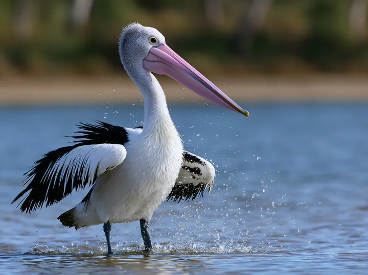 A large Australian pelican walks through shallow water in a coastal lagoon, creating splashes around its feet.
