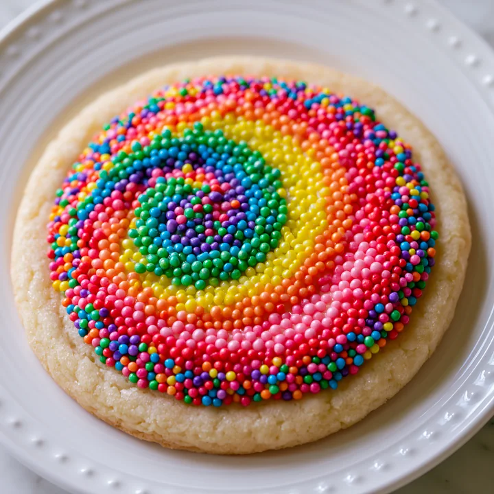 A large cookie features colorful rainbow sprinkles arranged in a swirl pattern on its surface.