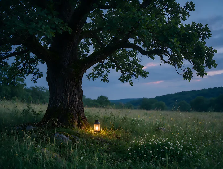 A large oak tree and glowing lantern stand in a flower-filled meadow beneath a dusky, cloudy sky.