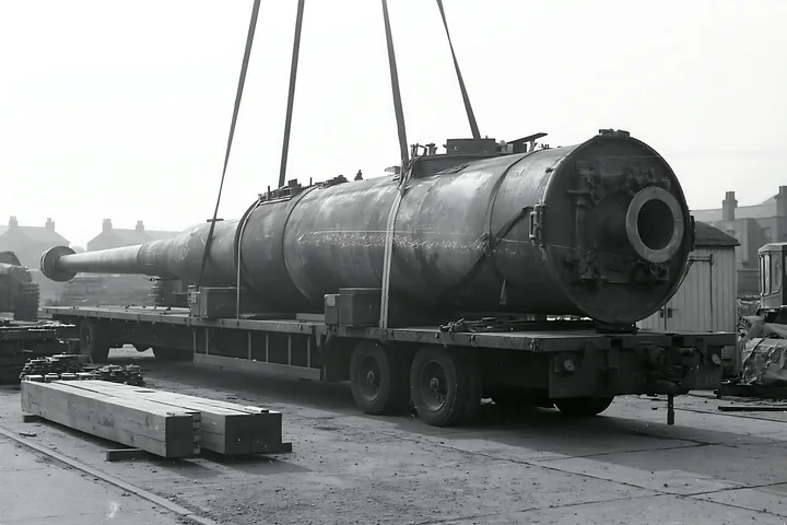 A large panzer tank gun barrel rests on a transport vehicle, showing the mechanical details and construction.