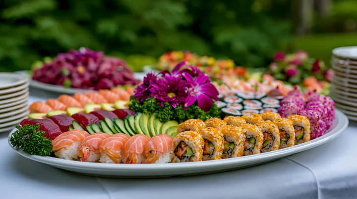 A large sushi platter features an assortment of rolls and sashimi, garnished with herbs and flowers, perfect for a catering event or gathering.