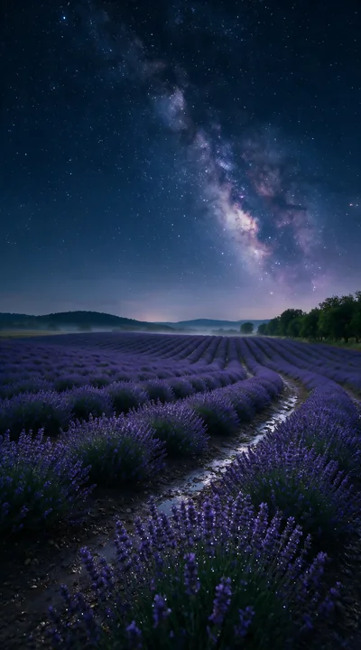 A lavender field stretches under a starry sky filled with bright stars and the Milky Way.