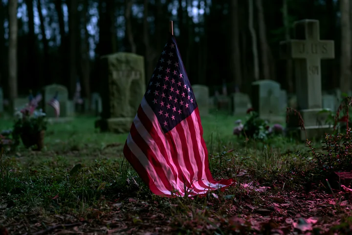 A light illuminates military graves beside a dense forest at night.