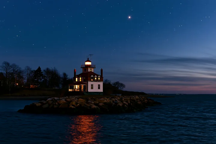 A lighthouse house under stars stands on a rocky shore at night.