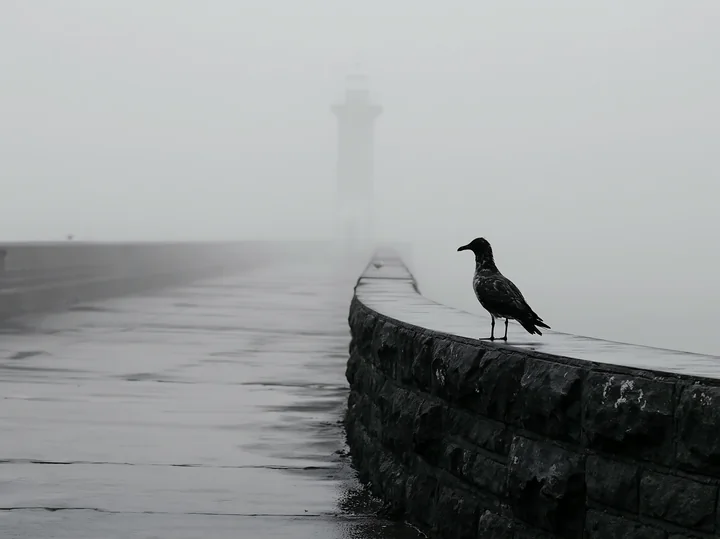 A lighthouse in heavy ocean fog stands on the shore while a bird rests on the path.