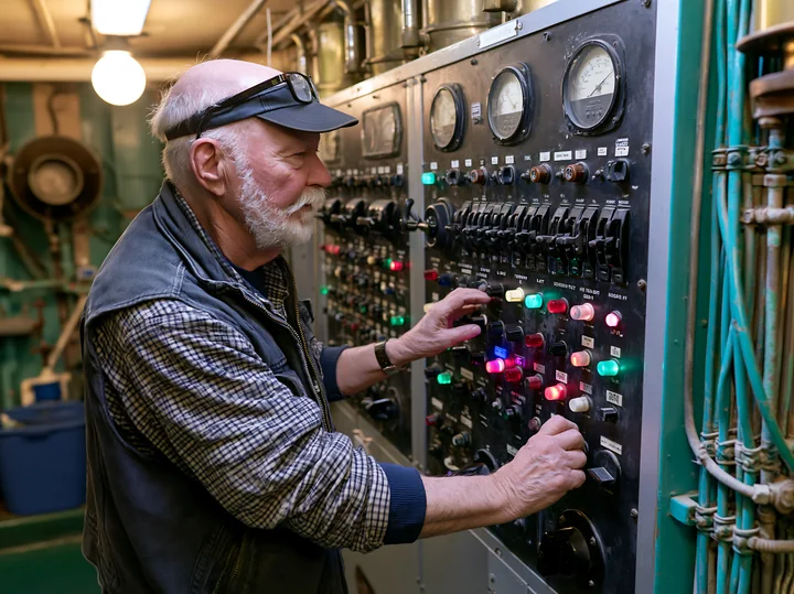 A lighthouse maintenance worker at work adjusts controls in the engine room, focusing on various gauges and switches.