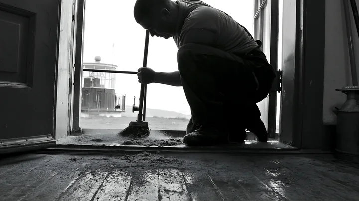 A lighthouse maintenance worker at work cleans the entrance area of a lighthouse.