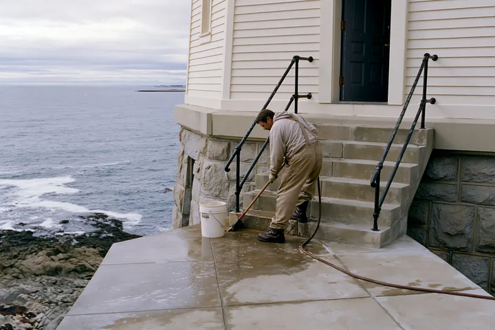 A lighthouse maintenance worker at work cleans the stone steps leading to the water.