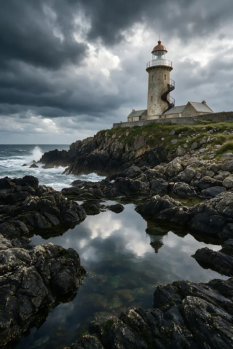 A lighthouse overlooks a stormy sea, standing tall on a rocky cliff.