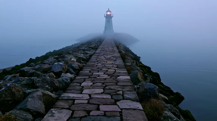 A lighthouse stands in heavy ocean fog at the end of a rocky pathway.