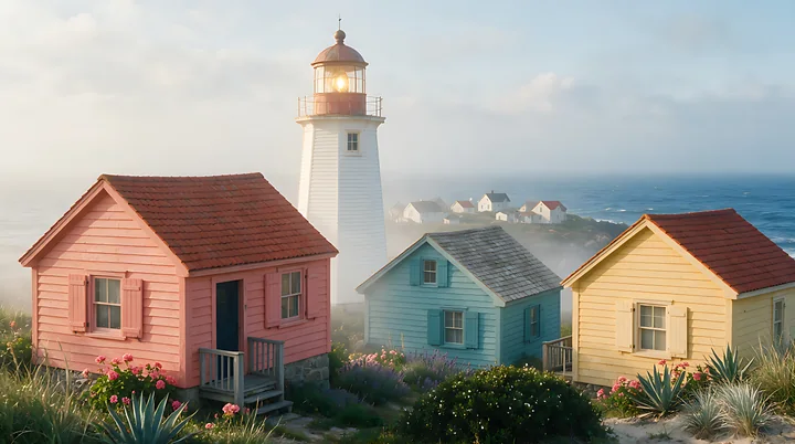 A lighthouse stands next to colorful beach cottages along the shore.