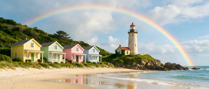 A lighthouse stands next to colorful beach cottages under a rainbow.