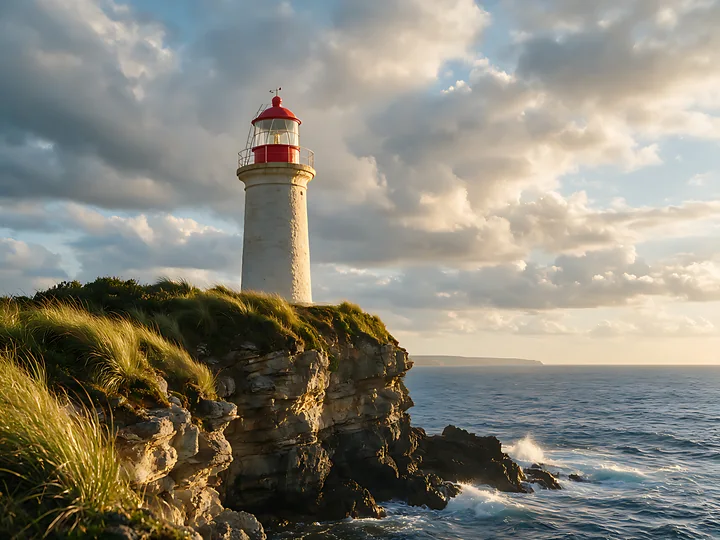 A lighthouse stands on a rocky coastline with waves crashing against the shore, while dramatic clouds fill the sky during sunset.