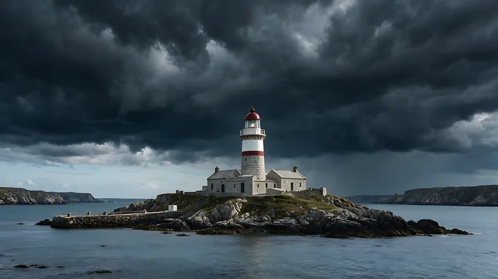 A lighthouse stands on a rocky island under dramatic clouds.