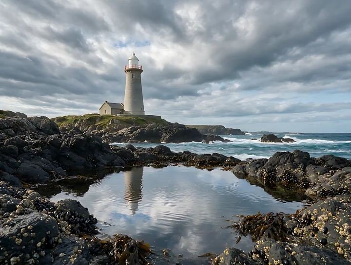 A lighthouse stands on a rocky shore as waves crash against the rocks beneath dramatic clouds.