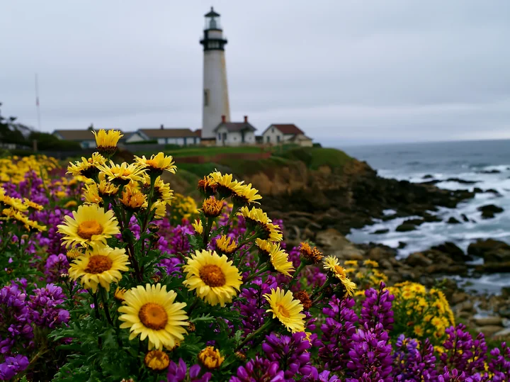 A lighthouse stands on a rocky shore, with bright yellow and purple wildflowers in the foreground.
