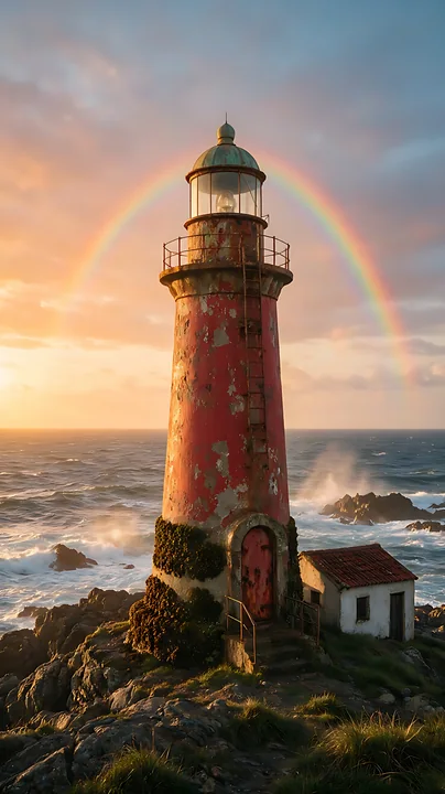 A lighthouse stands on rocky shores with a rainbow arching above, while waves crash against the rocks.
