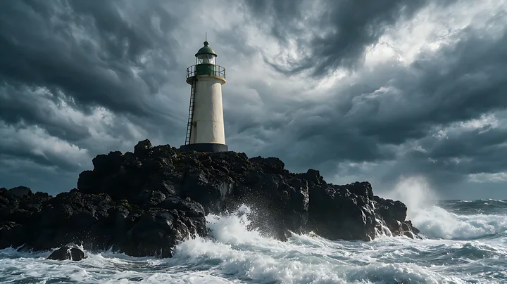 A lighthouse stands on rocky terrain as waves crash against it, beneath dramatic clouds.