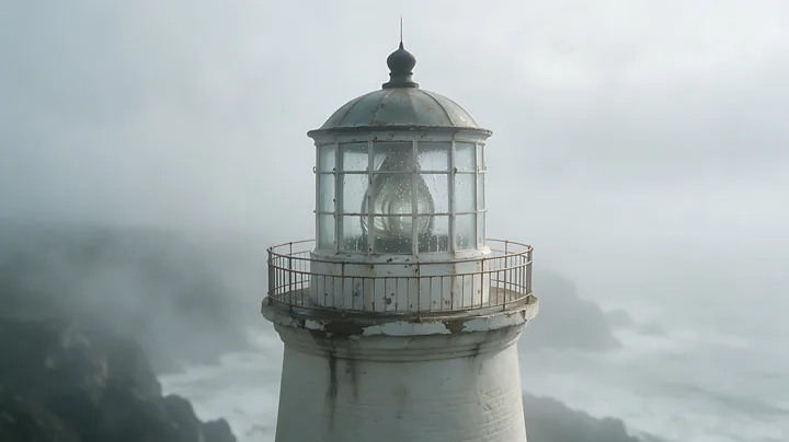 A lighthouse stands tall amidst heavy ocean fog.