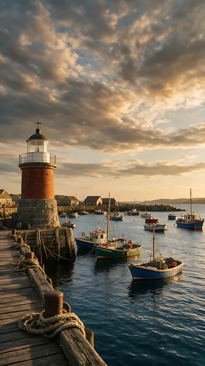A lighthouse stands tall by the harbor as boats float gently on the water.