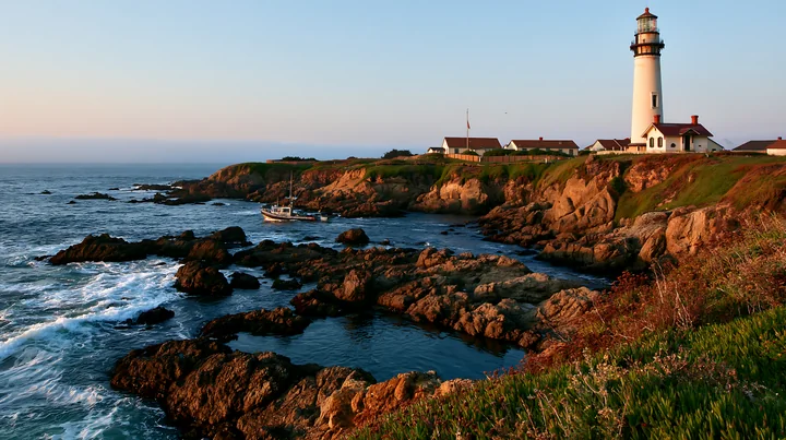 A lighthouse stands tall next to a rocky tide pool with waves crashing against the rocks.