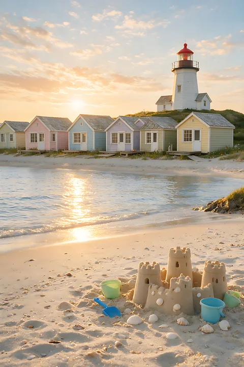 A lighthouse stands tall next to colorful beach cottages along the shore.