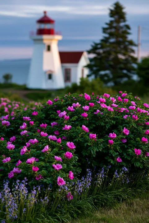 A lighthouse surrounded by spring wildflowers stands in a scenic landscape.