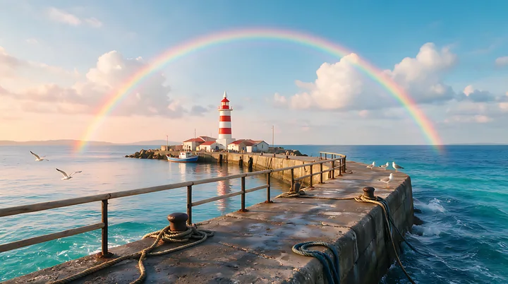 A lighthouse with a rainbow over the ocean stands on a rocky shore.