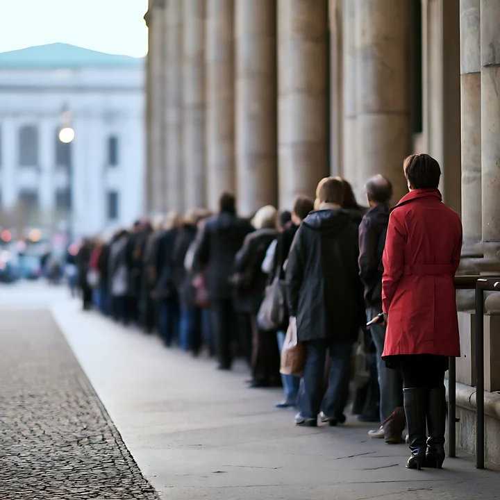 A line of people waits outside a large building, many dressed for cooler weather.