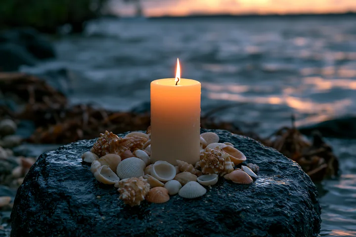 A lit candle stands on a dark rock surrounded by various seashells at the water's edge, capturing the warm light against a backdrop of rippling waves during twi