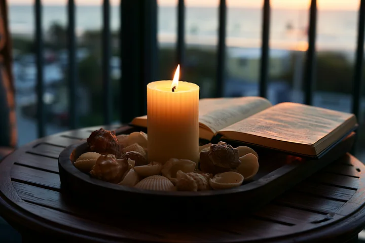 A lit candle stands on a tray filled with seashells next to an open book.