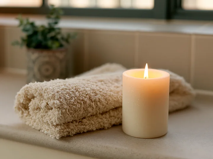 A lit vanilla candle sits beside a folded towel on a countertop.