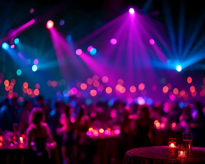 A lively gathering takes place in an indoor venue with bright colored lights and a crowd of people enjoying the atmosphere.