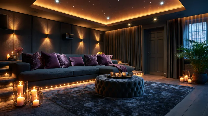 A living room features a dark sofa with purple cushions, soft lighting, and candles scattered around.