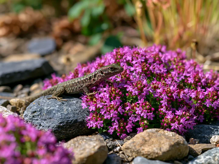 A lizard sits on a smooth stone surrounded by thyme flowers between stones.