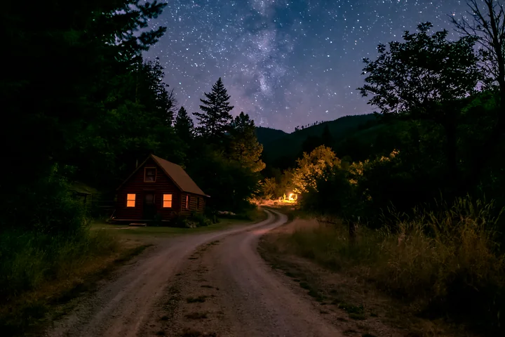 A log cabin sits near a dirt road under a clear night sky filled with stars.