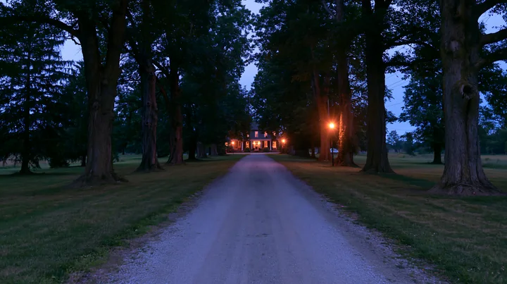A long gravel driveway leads to a farmhouse, bordered by tall trees, with warm lights glowing from the windows as night falls.