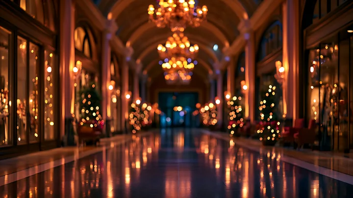 A long hallway features glowing chandeliers and trees adorned with lights.