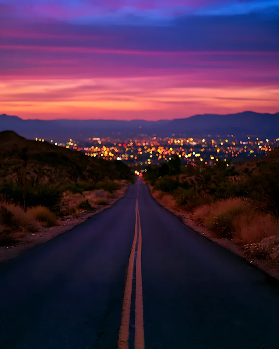 A long road stretches toward a city at dusk, illuminated by numerous lights.