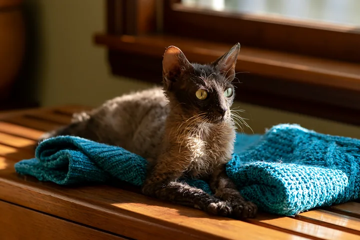 A Lykoi cat is lying on a blue knitted blanket in a warm room.