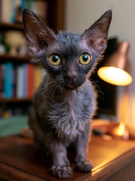 A Lykoi cat portrait shows a unique feline with large yellow eyes and a distinctive coat sitting on a wooden table in a living room.