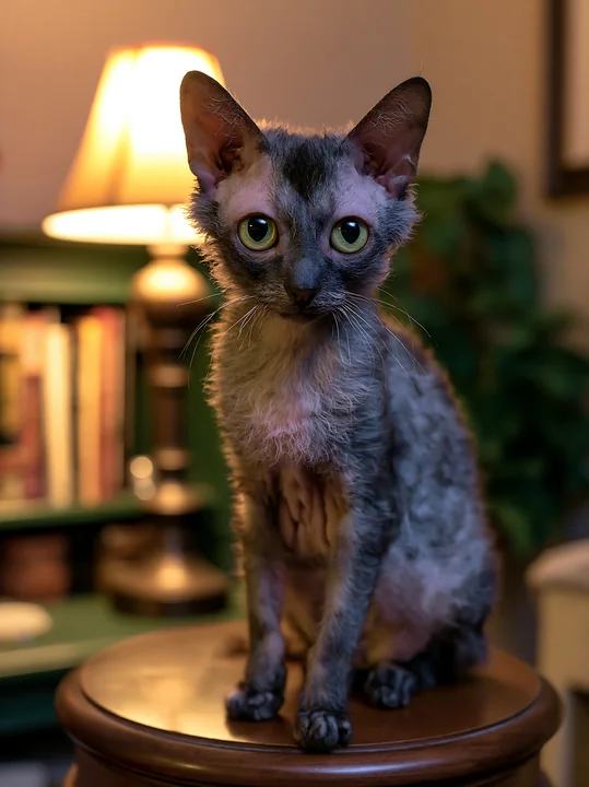A Lykoi cat with distinct features sits on a wooden stool in a warm room.