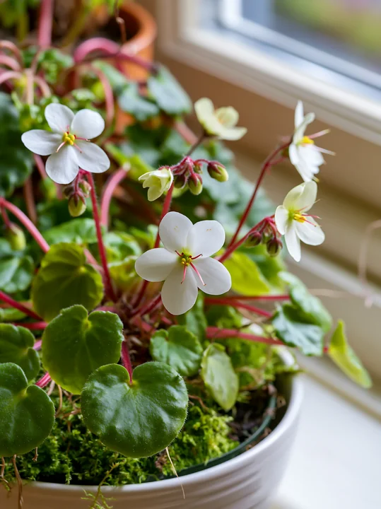 A macro photographer is photographing a flower with white petals inside a home.