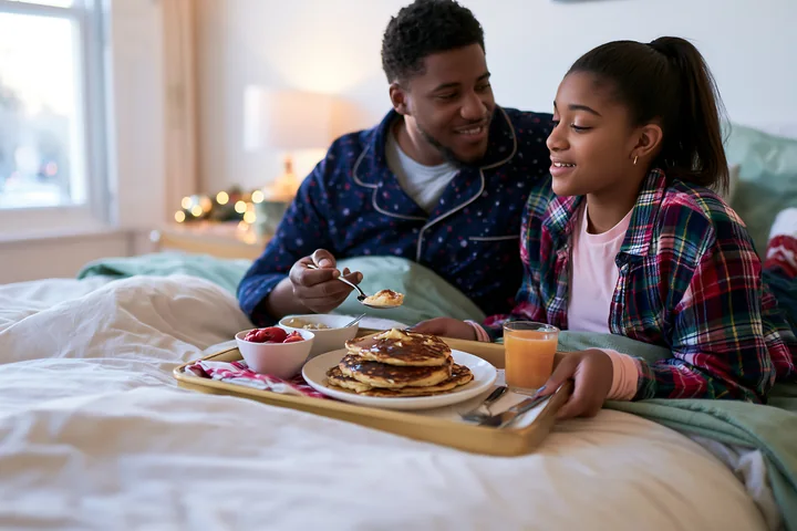 A man and a girl enjoy a breakfast tray in bed featuring pancakes, fruit, and juice.
