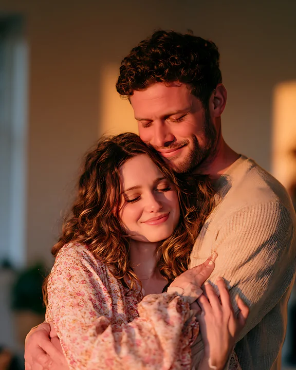 A man and woman are sharing a heartfelt moment as they embrace in a warmly lit indoor setting.
